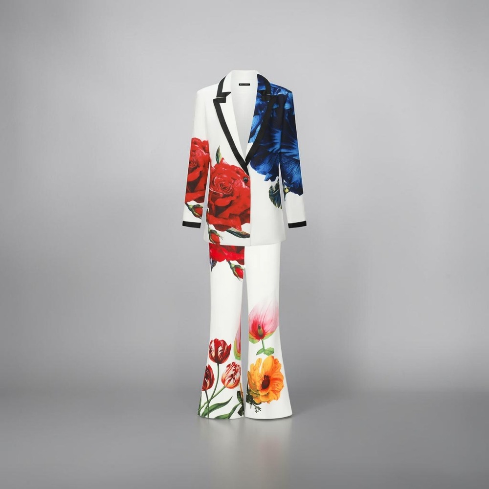 Floral Print Blazer and Flare‎ Pants Suit Set White Red Blue Yellow